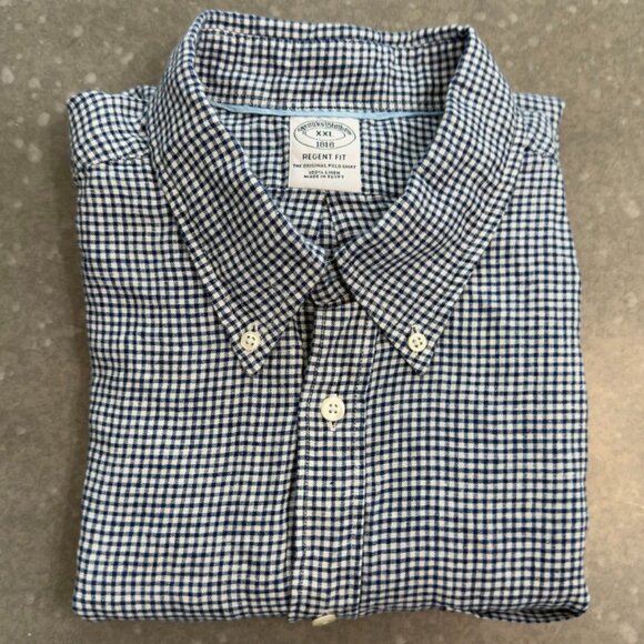 Brooks Brothers Regent Fit 100% Linen Gingham Shirt – Navy & White – Size XXL - Picture 2 of 12